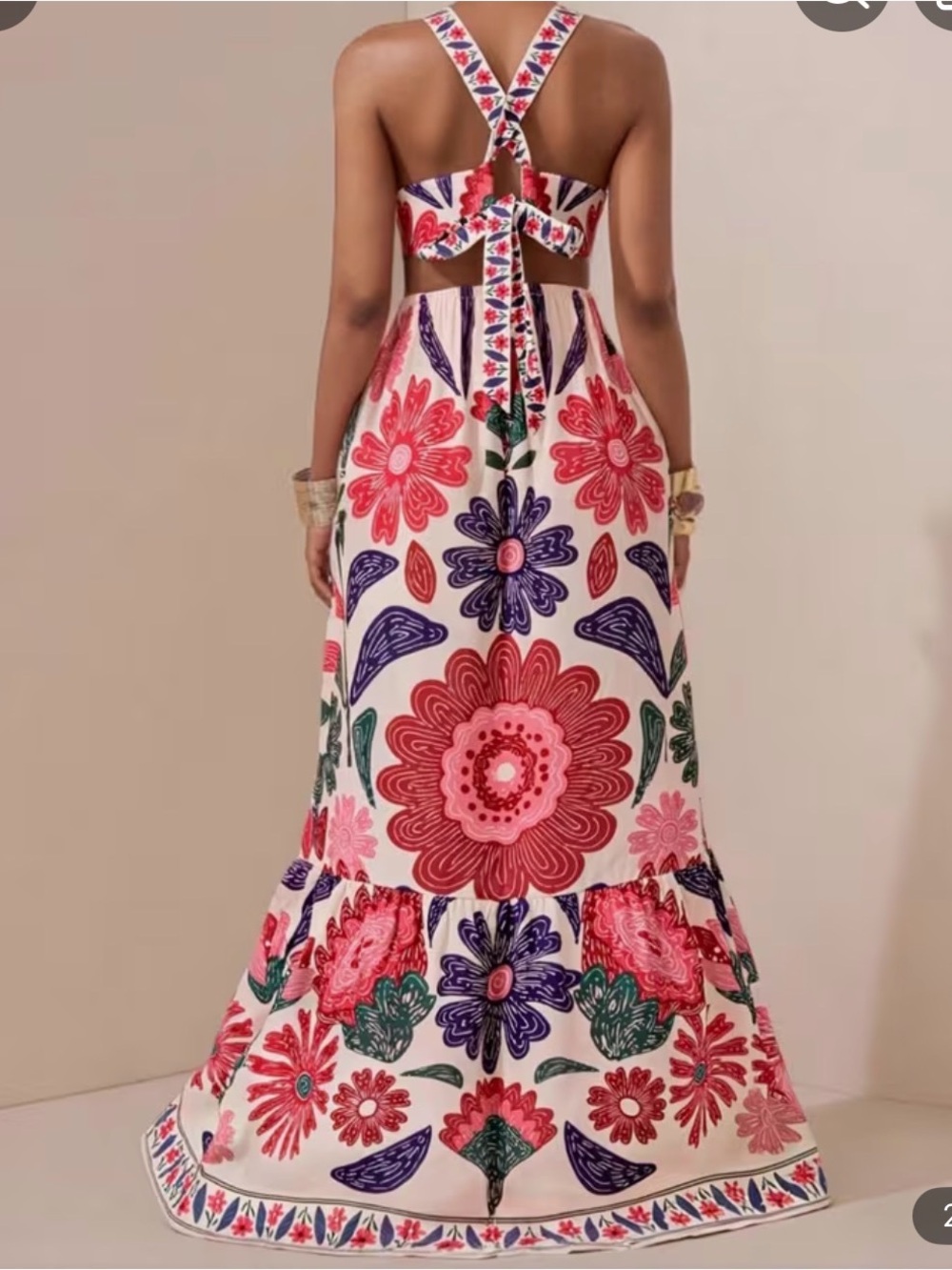 Floral Halter Maxi Dress in Cream and Pink - Picture 2 of 2